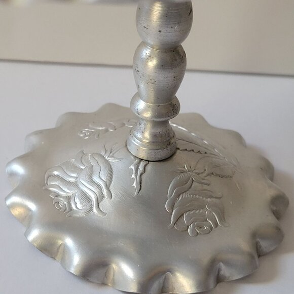 Handcrafted Aluminum Pedestal Dish With Rose Design & Scalloped Edge - Picture 3 of 7